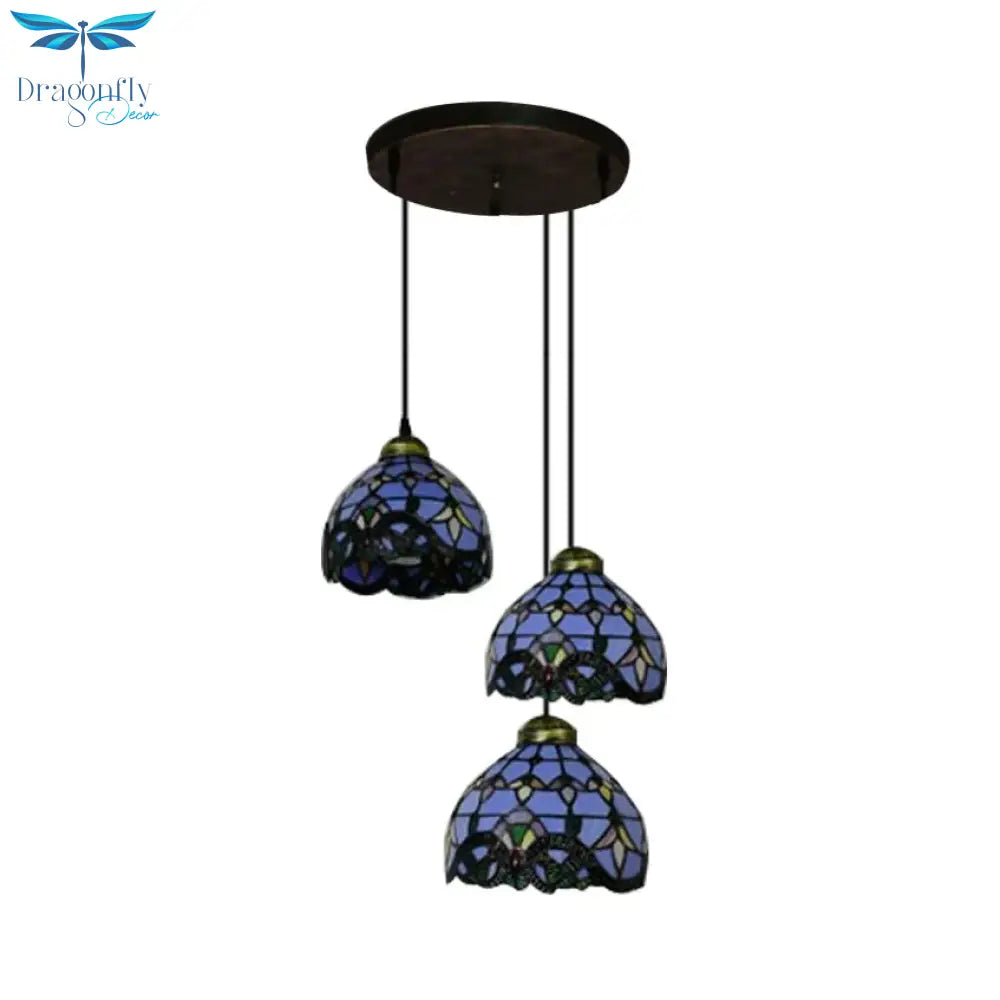Victorian Dome Pendant Light Stained Glass 3 Heads Linear/Round Hanging In White/Blue For Dining