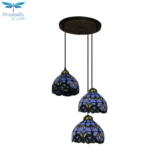 Victorian Dome Pendant Light Stained Glass 3 Heads Linear/Round Hanging In White/Blue For Dining
