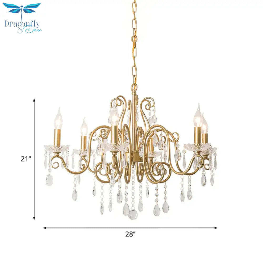 Victorian Swirl Arm Candelabra Chandelier 6 Bulbs Crystal Hanging Light Fixture In Gold