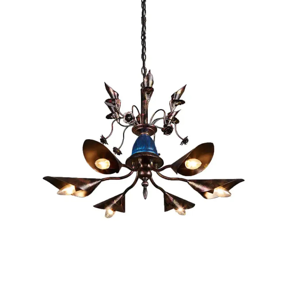 Villa Horn Shade Chandelier Metallic 6 Bulbs Classic Style Pendant Light In Rust