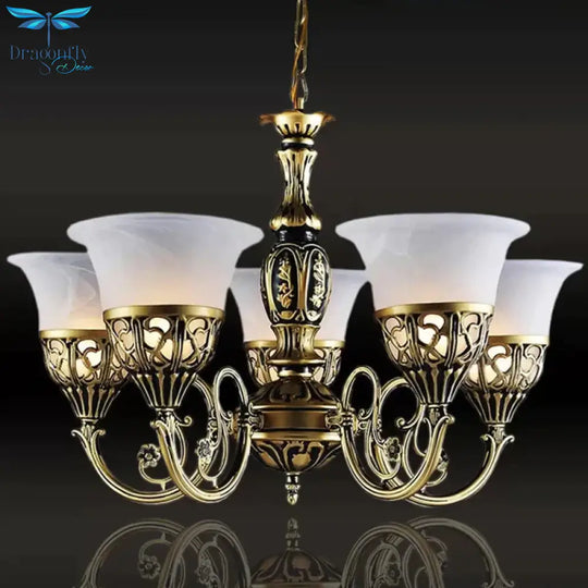 Vintage Bell Hanging Ceiling Light 5 Bulbs Opal Frosted Glass Chandelier With Scroll Arm In Bronze