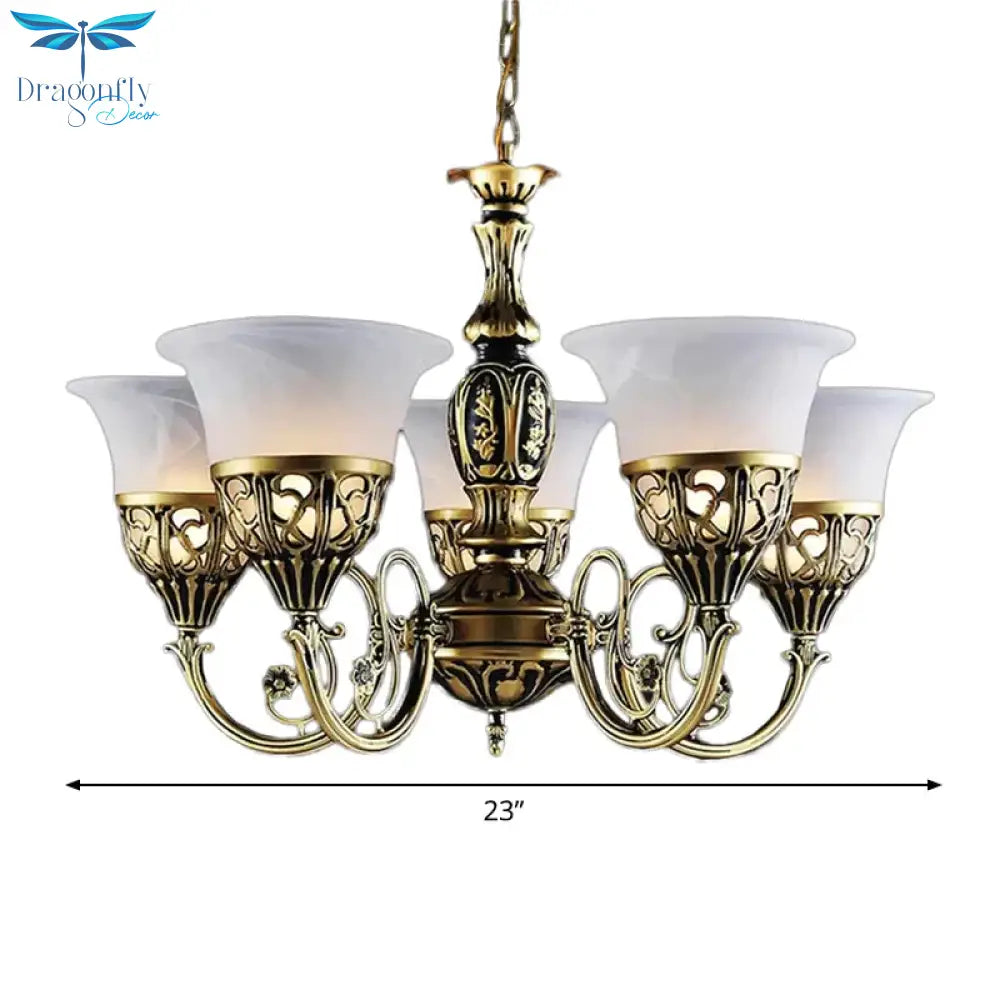 Vintage Bell Hanging Ceiling Light 5 Bulbs Opal Frosted Glass Chandelier With Scroll Arm In Bronze