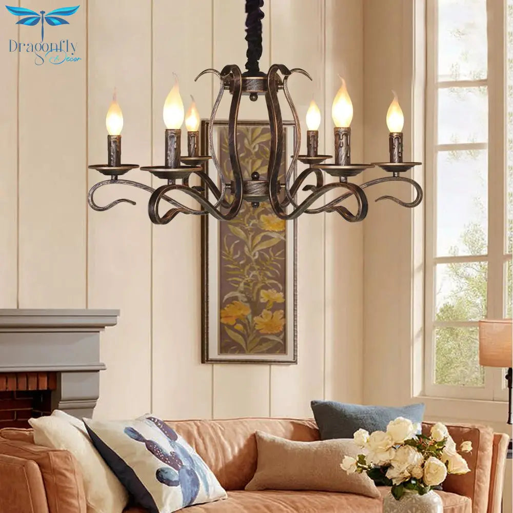 Vintage Bronze Rustic Candle Iron 6 - Lights Chandelier For Dining Room Living Pendant Lighting