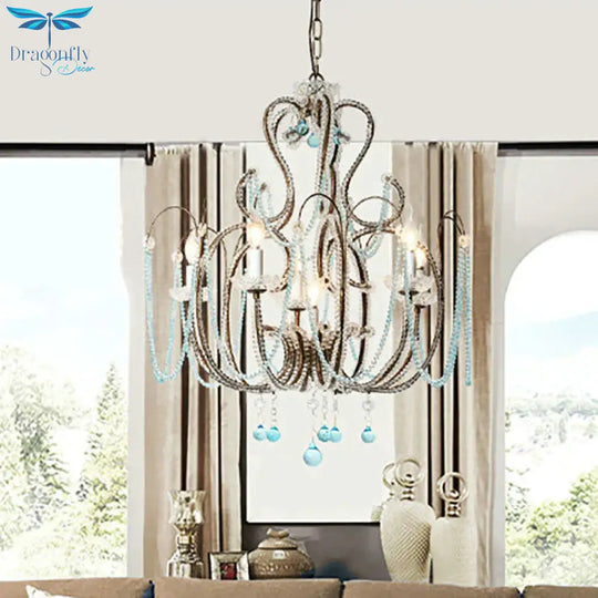 Vintage Candle Pendant Light With Royal Blue Crystal Bead 6 Lights Chandelier Lamp For Bedroom