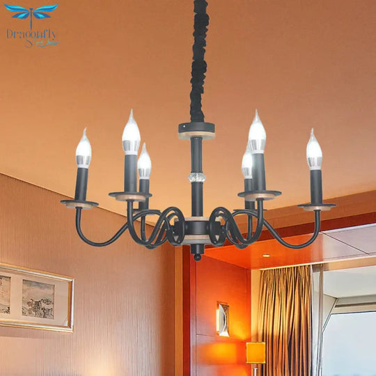Vintage Candle Shape Pendant Chandelier 6 Heads Metallic Swooping Arm Suspension Lighting In Black