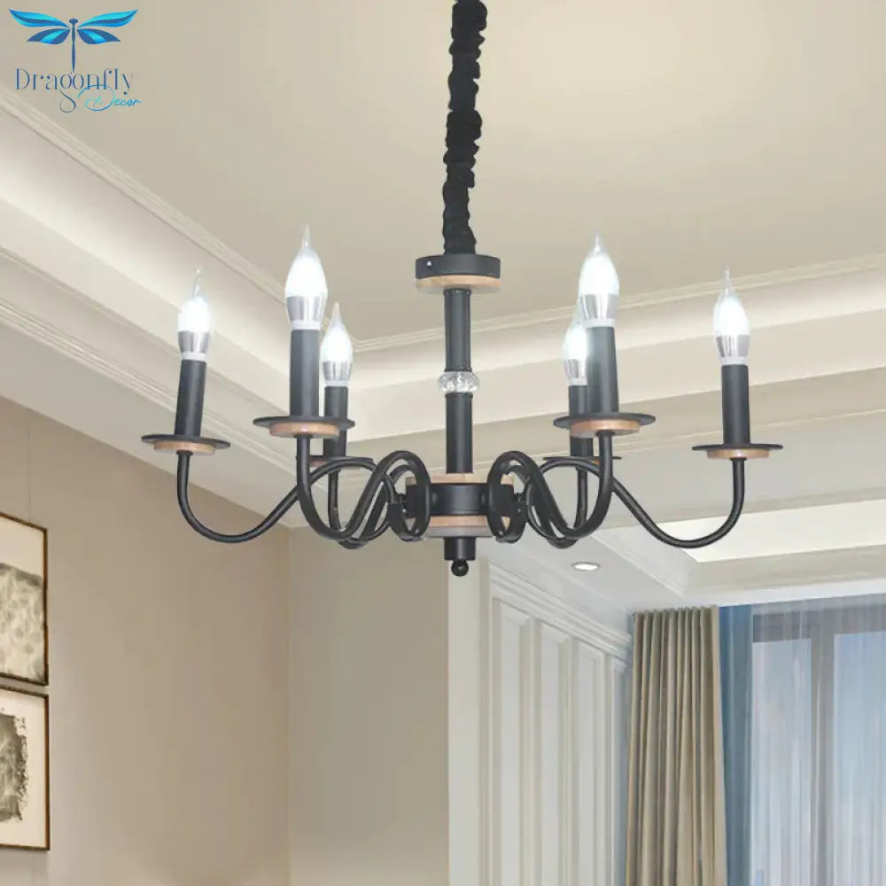 Vintage Candle Shape Pendant Chandelier 6 Heads Metallic Swooping Arm Suspension Lighting In Black