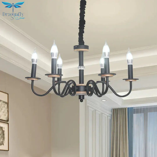 Vintage Candle Shape Pendant Chandelier 6 Heads Metallic Swooping Arm Suspension Lighting In Black