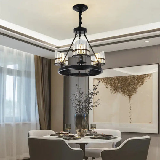 Vintage Circular Industrial Design Crystal Chandelier For Living Room Dining 3 / Black