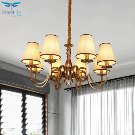 Vintage Cone Suspension Light 6/8 Bulbs Fabric Hanging Chandelier With Curving Arm In Brass For