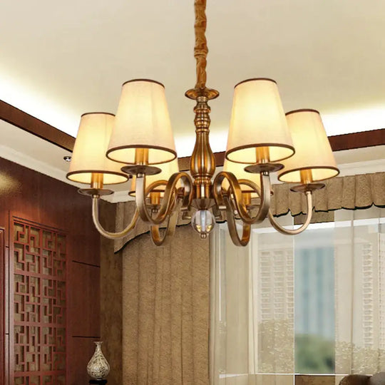 Vintage Cone Suspension Light 6/8 Bulbs Fabric Hanging Chandelier With Curving Arm In Brass For