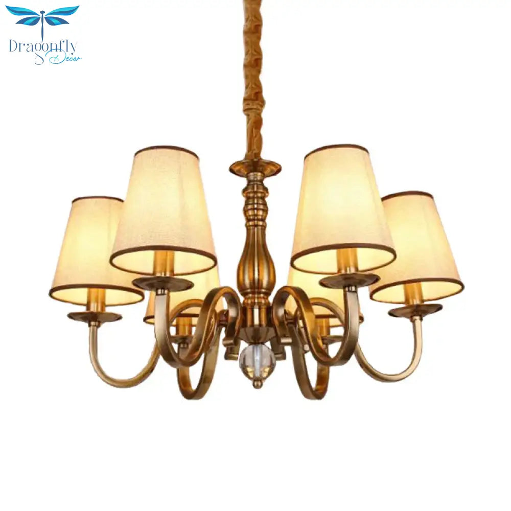 Vintage Cone Suspension Light 6/8 Bulbs Fabric Hanging Chandelier With Curving Arm In Brass For