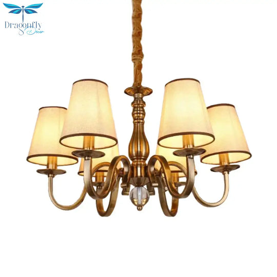 Vintage Cone Suspension Light 6/8 Bulbs Fabric Hanging Chandelier With Curving Arm In Brass For