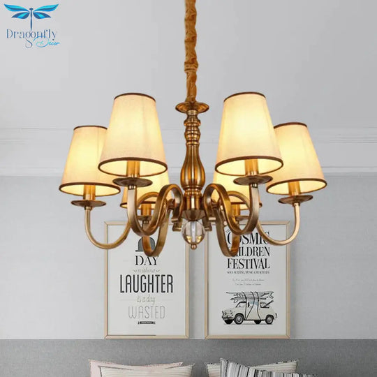Vintage Cone Suspension Light 6/8 Bulbs Fabric Hanging Chandelier With Curving Arm In Brass For