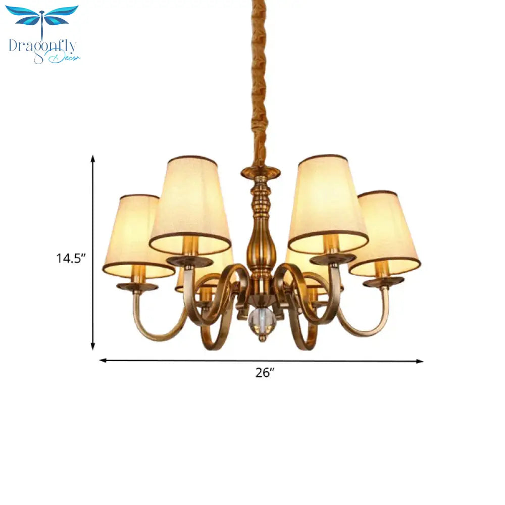 Vintage Cone Suspension Light 6/8 Bulbs Fabric Hanging Chandelier With Curving Arm In Brass For