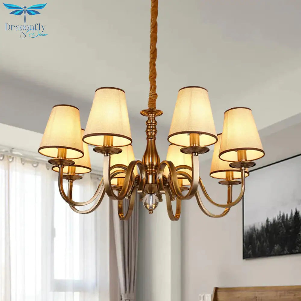 Vintage Cone Suspension Light 6/8 Bulbs Fabric Hanging Chandelier With Curving Arm In Brass For