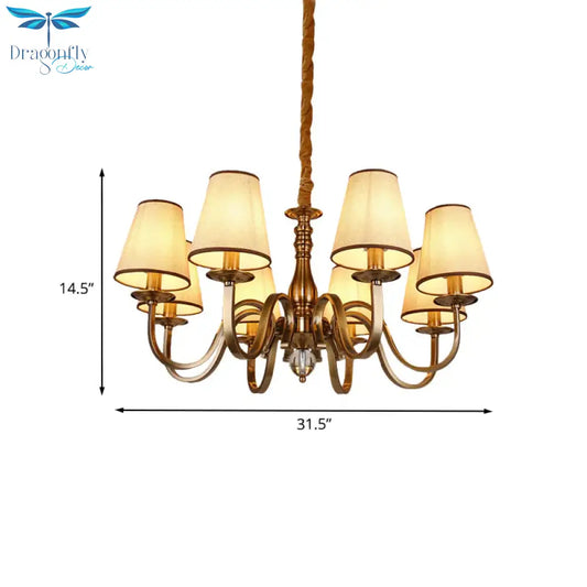 Vintage Cone Suspension Light 6/8 Bulbs Fabric Hanging Chandelier With Curving Arm In Brass For