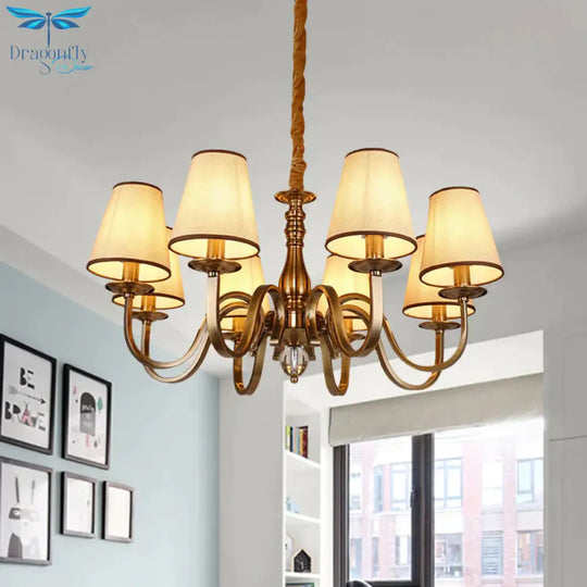 Vintage Cone Suspension Light 6/8 Bulbs Fabric Hanging Chandelier With Curving Arm In Brass For