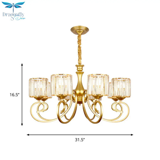 Vintage Cylindrical Chandelier Lighting 8 - Head Clear Crystal Block Suspension Light In Gold