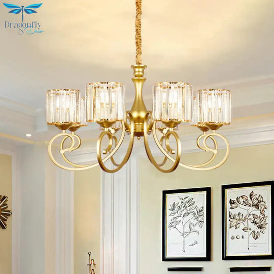 Vintage Cylindrical Chandelier Lighting 8 - Head Clear Crystal Block Suspension Light In Gold