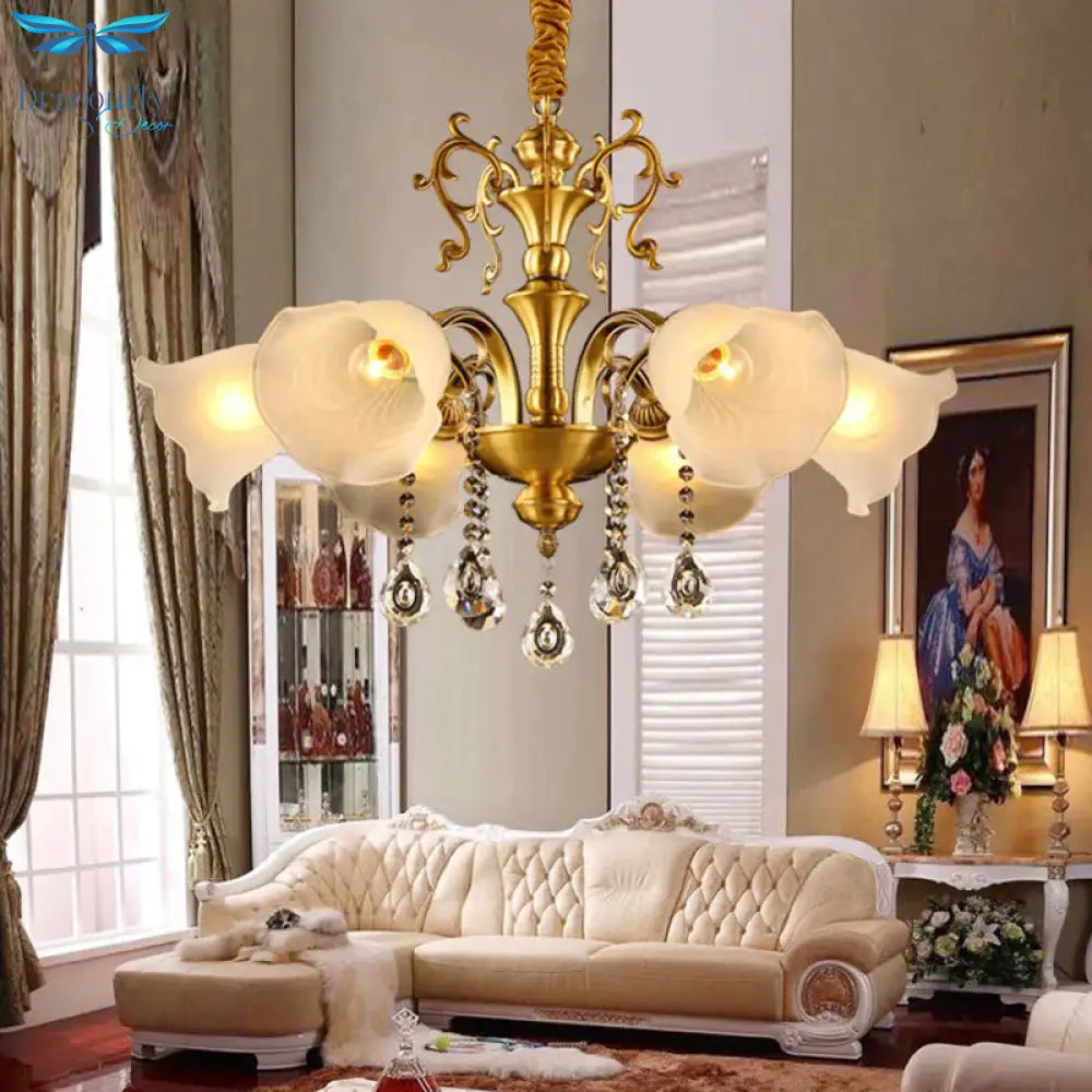 Vintage Floral Shade Ceiling Pendant Light Crystal Orbs 6 Heads Hanging Chandelier In Brass