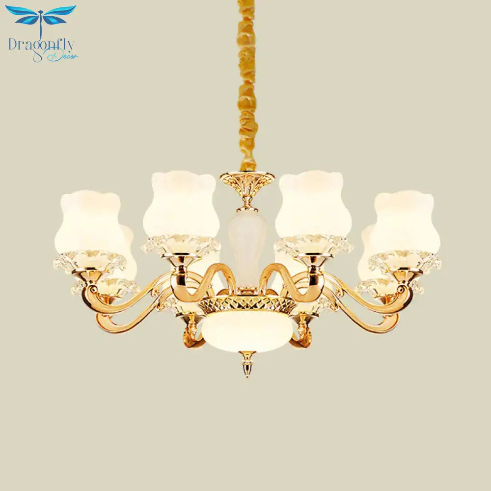 Vintage Flower Suspension Lamp 6/8 Lights Milky Glass Chandelier Lighting With Swooping Arm In Gold