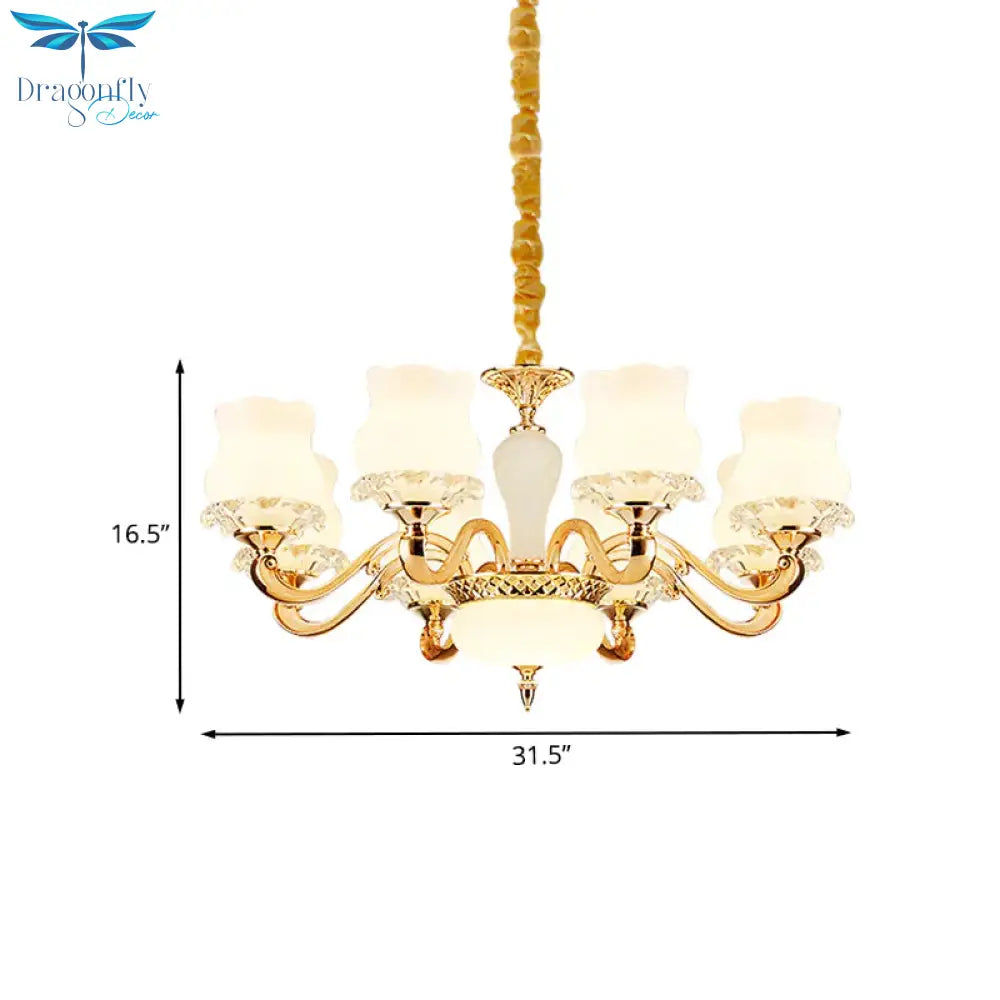 Vintage Flower Suspension Lamp 6/8 Lights Milky Glass Chandelier Lighting With Swooping Arm In Gold