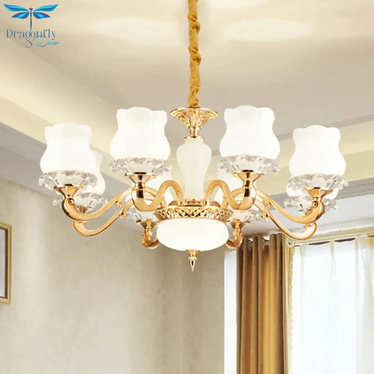 Vintage Flower Suspension Lamp 6/8 Lights Milky Glass Chandelier Lighting With Swooping Arm In Gold