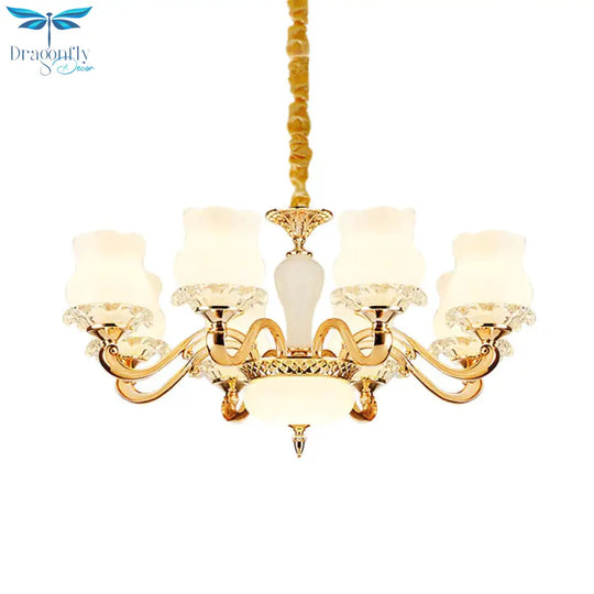 Vintage Flower Suspension Lamp 6/8 Lights Milky Glass Chandelier Lighting With Swooping Arm In Gold