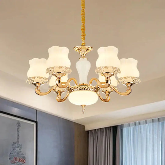 Vintage Flower Suspension Lamp 6/8 Lights Milky Glass Chandelier Lighting With Swooping Arm In Gold