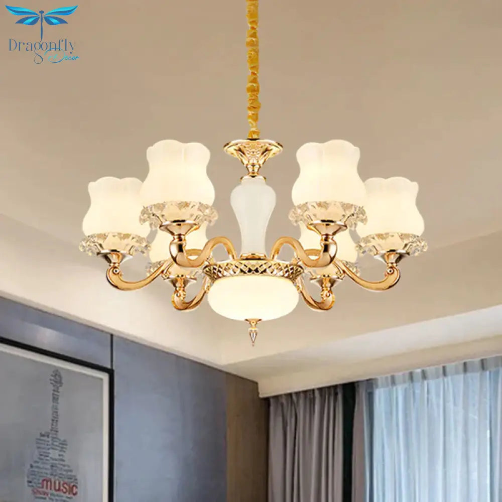 Vintage Flower Suspension Lamp 6/8 Lights Milky Glass Chandelier Lighting With Swooping Arm In Gold