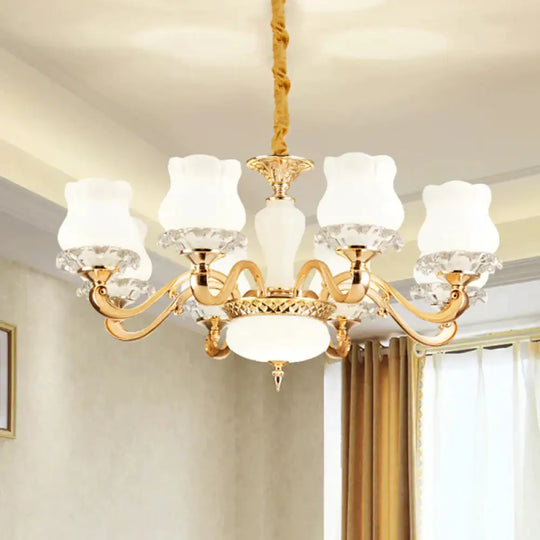 Vintage Flower Suspension Lamp 6/8 Lights Milky Glass Chandelier Lighting With Swooping Arm In Gold