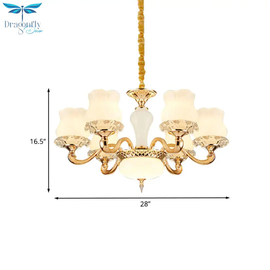 Vintage Flower Suspension Lamp 6/8 Lights Milky Glass Chandelier Lighting With Swooping Arm In Gold