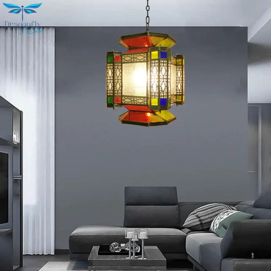 Vintage Lantern Chandelier Lighting 3 Lights Textured Glass Pendant Light Fixture In Brass
