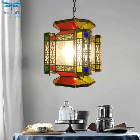 Vintage Lantern Chandelier Lighting 3 Lights Textured Glass Pendant Light Fixture In Brass