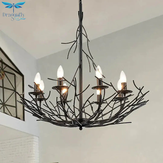 Vintage Nest Shape Chandelier Lamp 8 - Light Metallic Hanging Ceiling Pendant In Black
