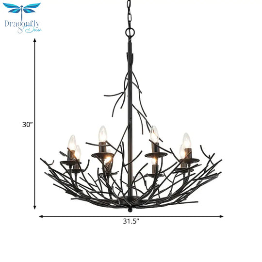 Vintage Nest Shape Chandelier Lamp 8 - Light Metallic Hanging Ceiling Pendant In Black