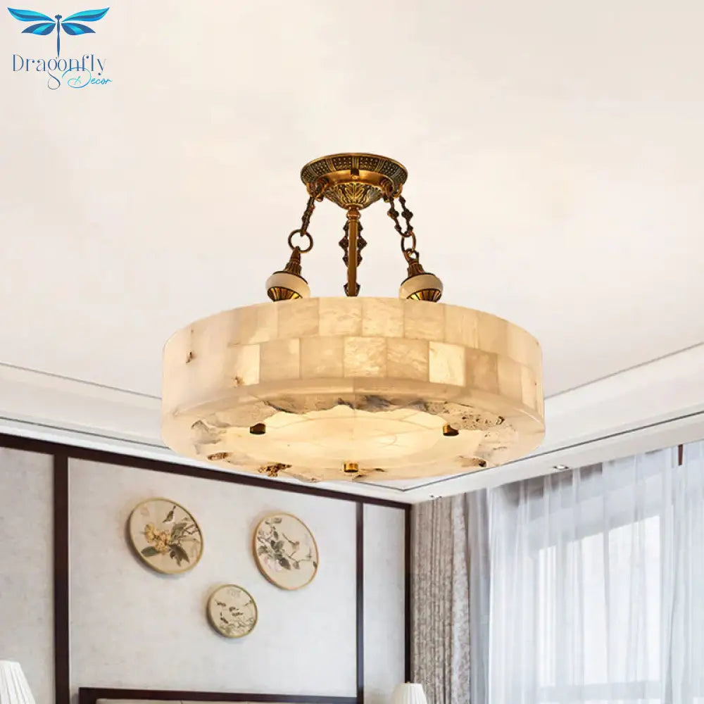 Vintage Patchwork Drum/Bowl Drop Lamp 4 - Head Opal Matte Glass Ceiling Chandelier In Brass For