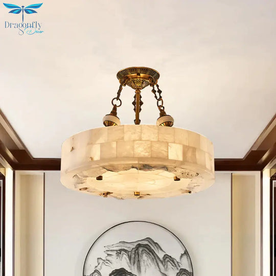 Vintage Patchwork Drum/Bowl Drop Lamp 4 - Head Opal Matte Glass Ceiling Chandelier In Brass For