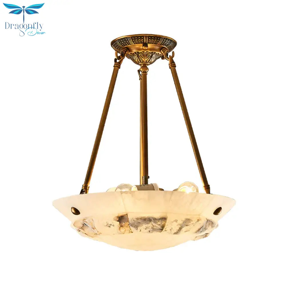 Vintage Patchwork Drum/Bowl Drop Lamp 4 - Head Opal Matte Glass Ceiling Chandelier In Brass For