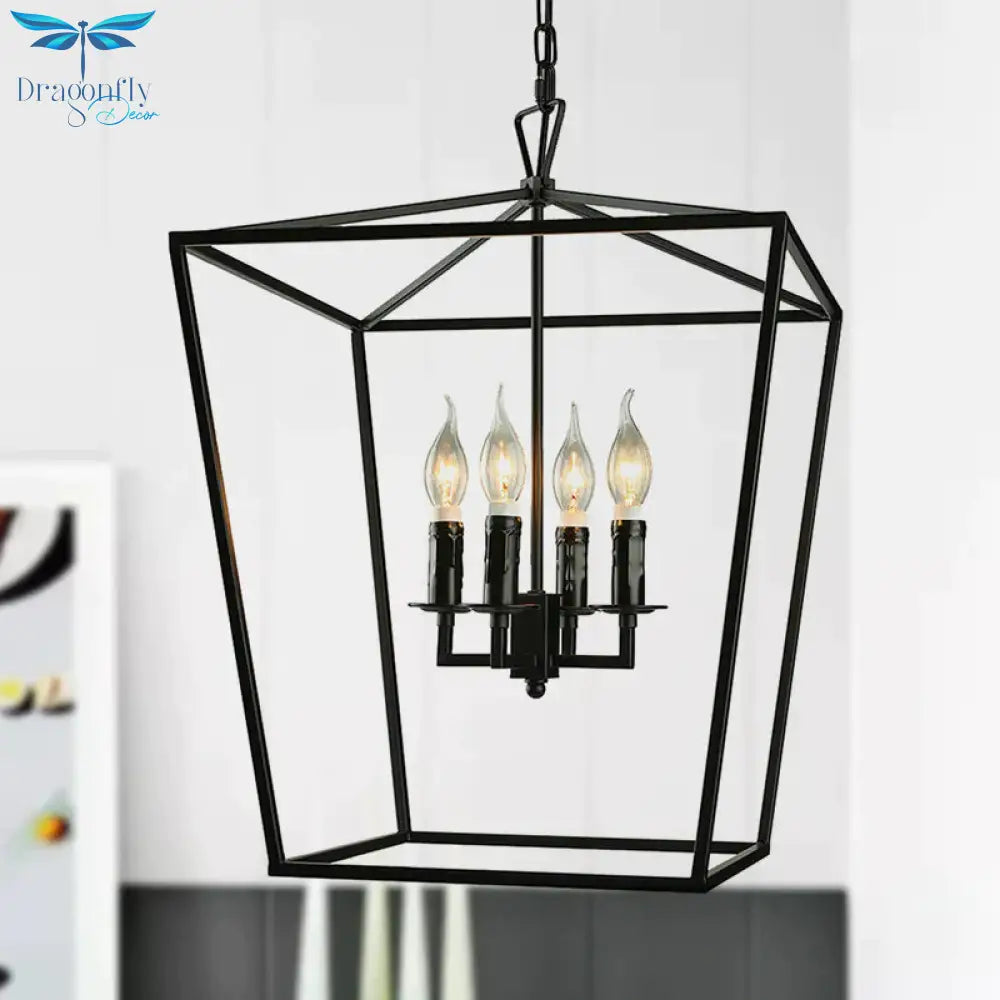 Vintage Squared Cage Chandelier Light Fixture With Candle 4 - Light Wrought Iron Medium Ceiling In
