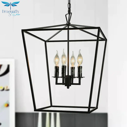 Vintage Squared Cage Chandelier Light Fixture With Candle 4 - Light Wrought Iron Medium Ceiling In
