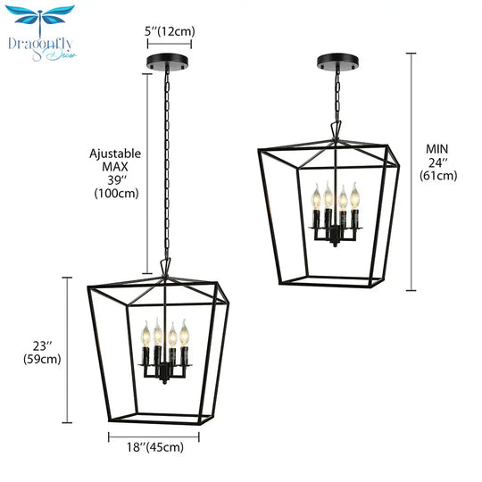 Vintage Squared Cage Chandelier Light Fixture With Candle 4 - Light Wrought Iron Medium Ceiling In