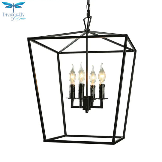 Vintage Squared Cage Chandelier Light Fixture With Candle 4 - Light Wrought Iron Medium Ceiling In