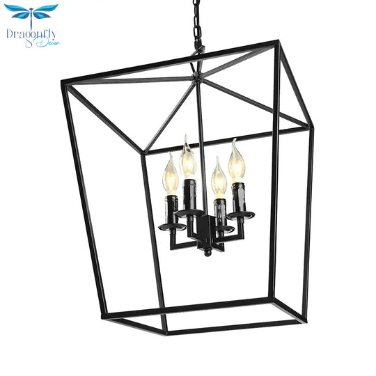 Vintage Squared Cage Chandelier Light Fixture With Candle 4 - Light Wrought Iron Medium Ceiling In