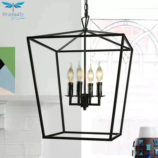 Vintage Squared Cage Chandelier Light Fixture With Candle 4 - Light Wrought Iron Medium Ceiling In