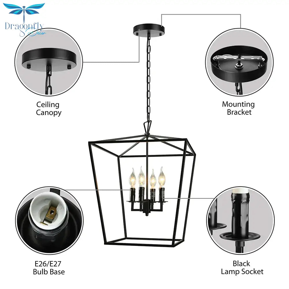 Vintage Squared Cage Chandelier Light Fixture With Candle 4 - Light Wrought Iron Medium Ceiling In