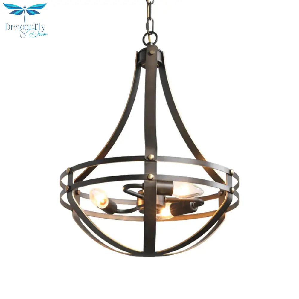 Vintage Style 3 Heads Black Pendant Lamp With Bowl Cage Metallic Shade