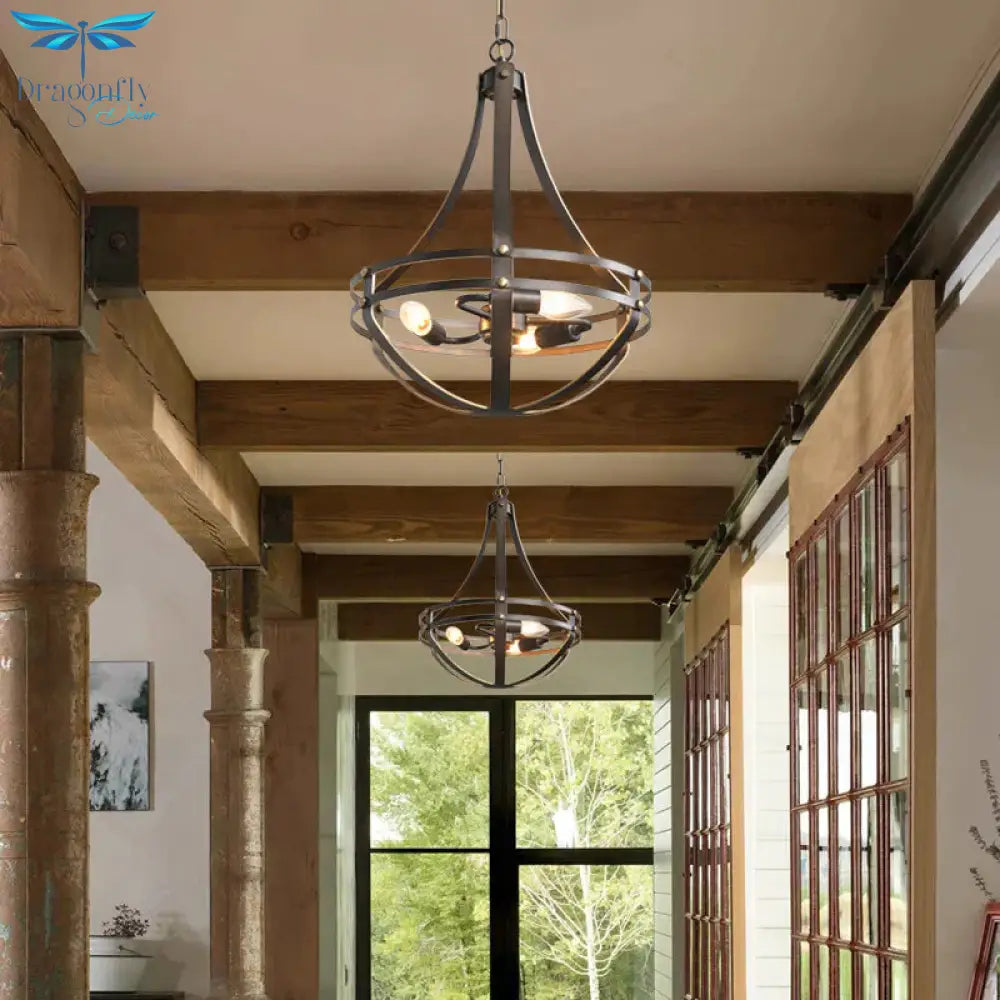 Vintage Style 3 Heads Black Pendant Lamp With Bowl Cage Metallic Shade