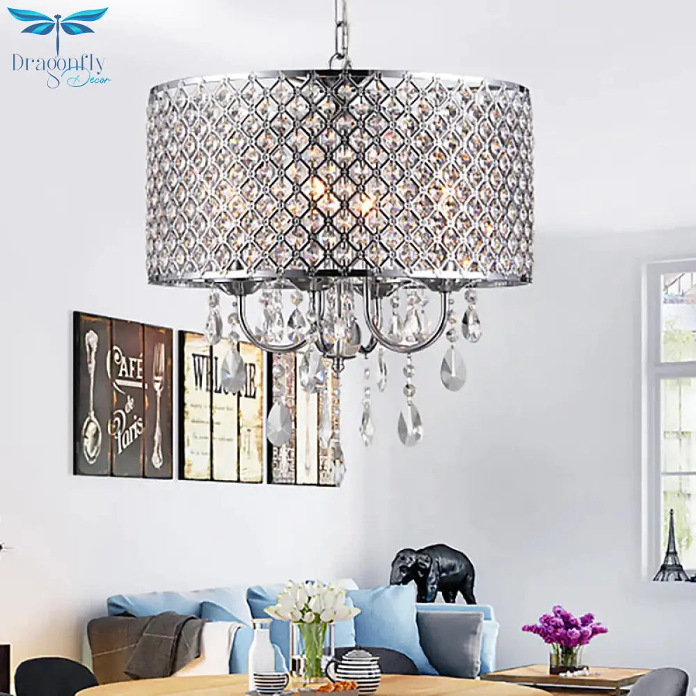 Vintage Style Black/Chrome Chandelier Lamp With Drum Shade 4 Lights Iron And Crystal Hanging Light
