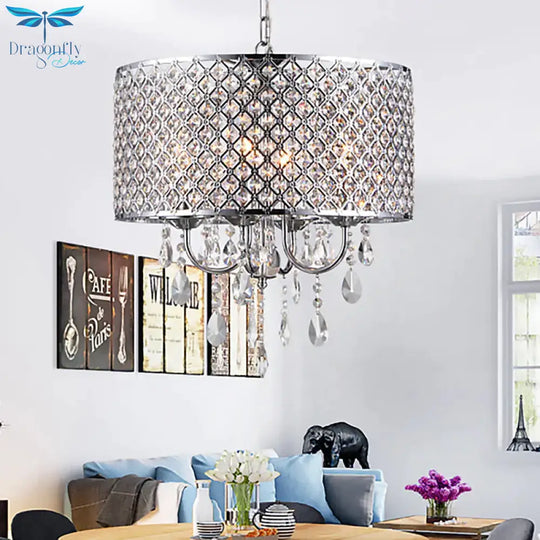 Vintage Style Black/Chrome Chandelier Lamp With Drum Shade 4 Lights Iron And Crystal Hanging Light